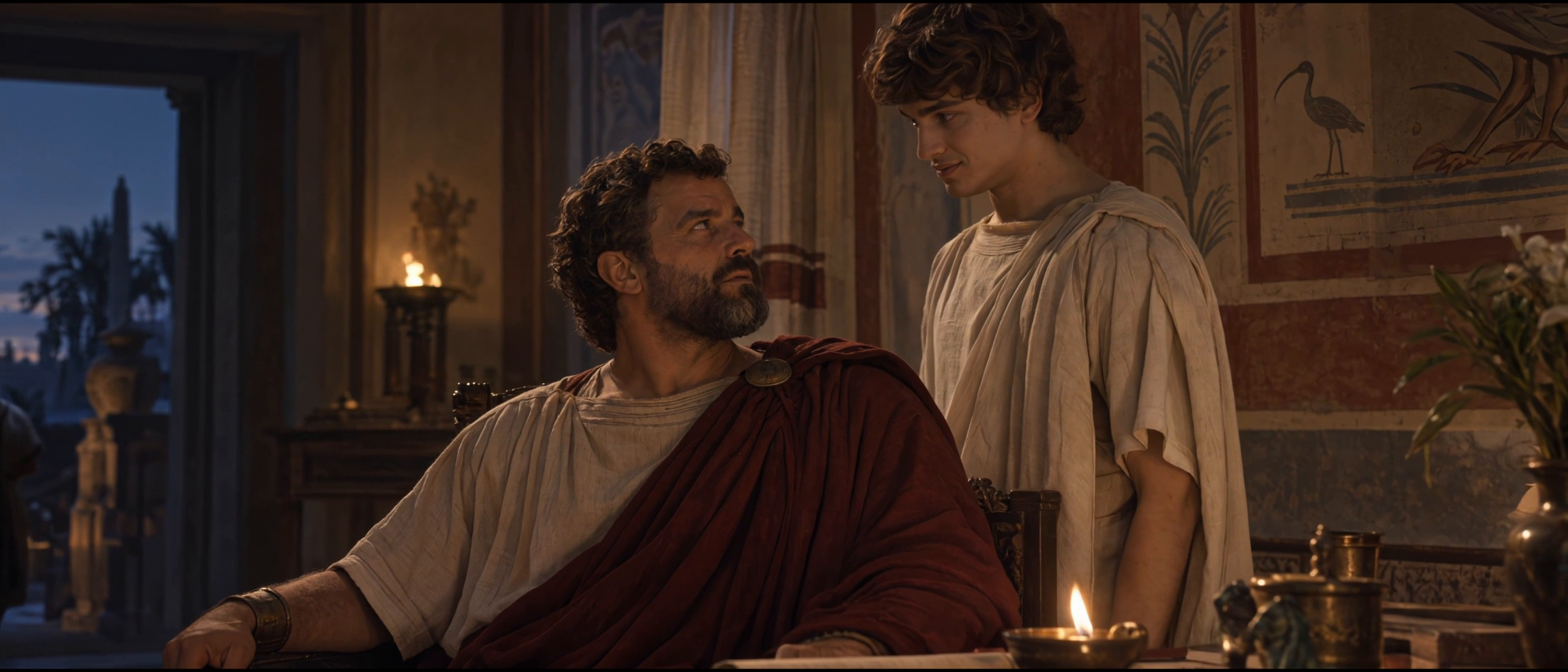 00:47. Hadrian looks upward toward Antinous, whose downward attention and small smile can be read alongside the preceding motion.