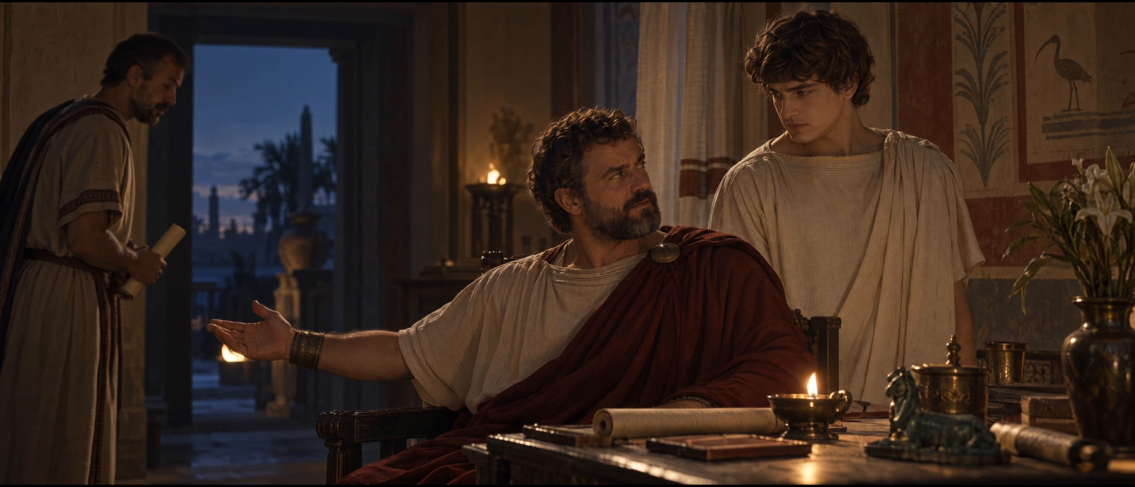 00:38. Hadrian is already oriented toward Antinous while his outward arm gesture still includes the third figure. The composition holds all three within the same space.