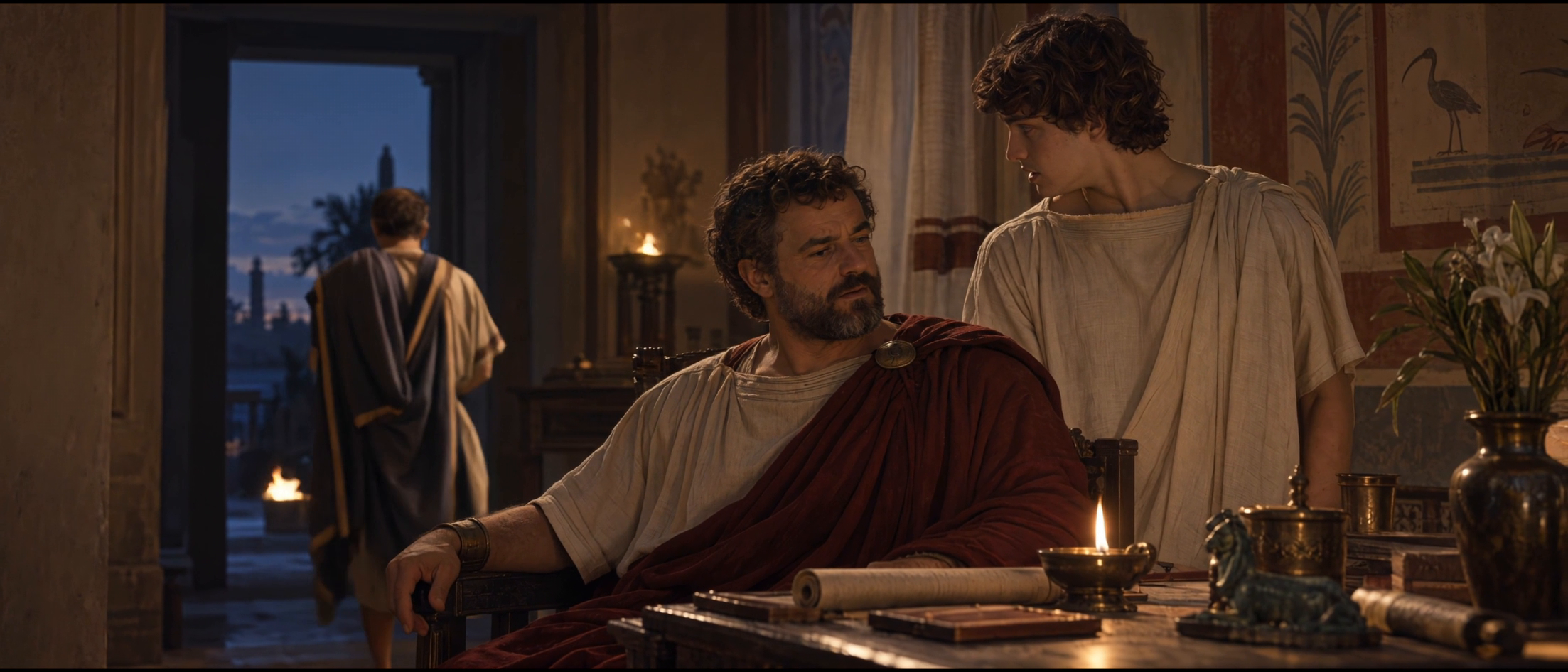 00:41.5. Hadrian’s arm has settled onto the chair and his gaze has dipped. Antinous remains close as the third figure recedes through the doorway.